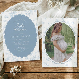 Vintage dammblå blomstergrafik för baby shower inbjudningar