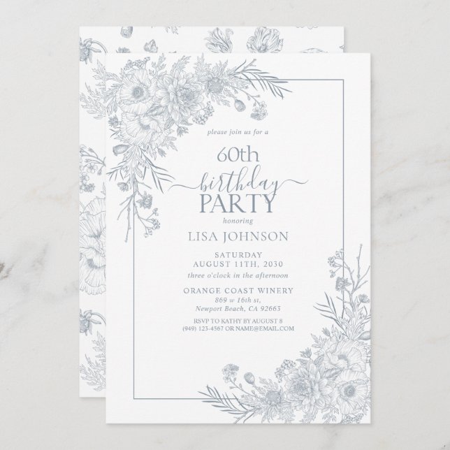 Vintage dammblå blomstermotiv konst 60-årsdag inbjudningar (Fram/baksida)