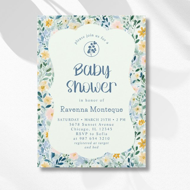 Vintage dammig blå blommande baby shower inbjudningar (Skapare uppladdad)