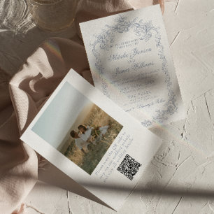 Vintage Dammig Blå Gammaldags Pengar Foto QR-kod B Inbjudningar