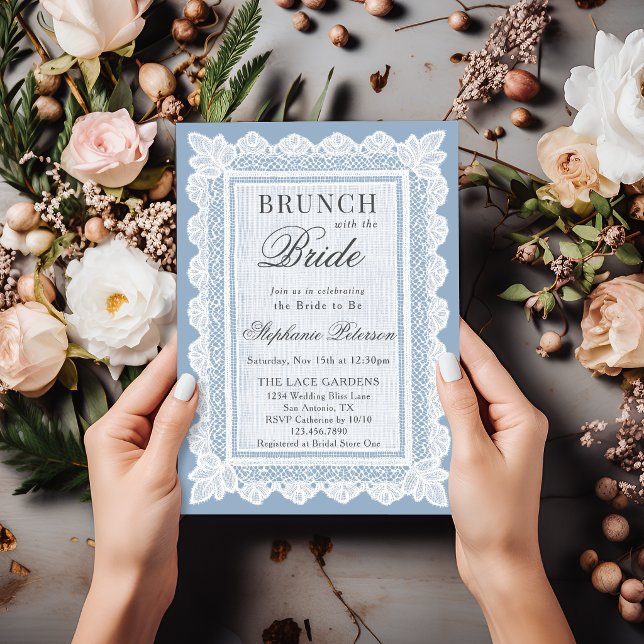 Vintage dammig blå vit spets bröllopsdusch brunch inbjudningar (Skapare uppladdad)