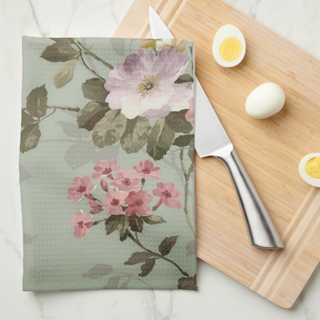 Vintage dammig olivgrön blommönster kökshandduk (Vikt i Fjärdedel)