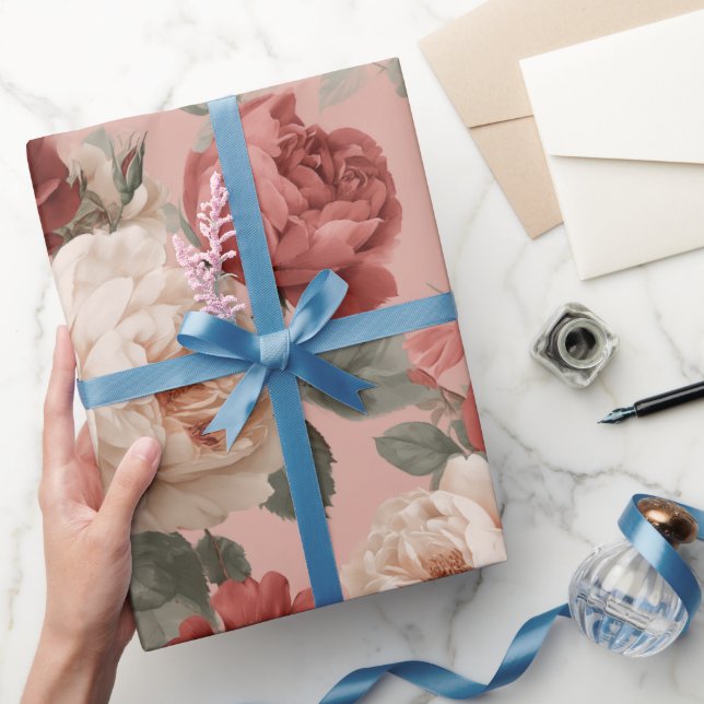 Vintage dammig ros kräm blomster mönster presentpapper (Gifting)
