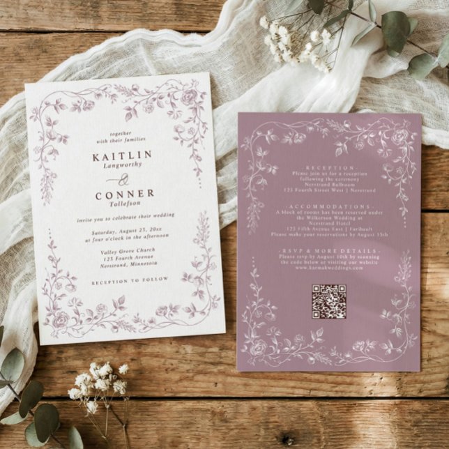 Vintage dammig rosafärgad fransk blomsterbröllop inbjudningar (vintage wedding invitation with dusty pink mauve floral frame in romantic Victorian style)