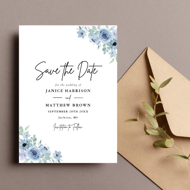 Vintage dammigt blått blomsterbröllop spara datumet (Vintage dusty blue floral wedding save the date shares your special day with timeless charm)