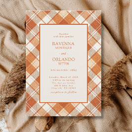 Vintage Dämpad Orange Rutig Gingham Bröllop Inbjudningar