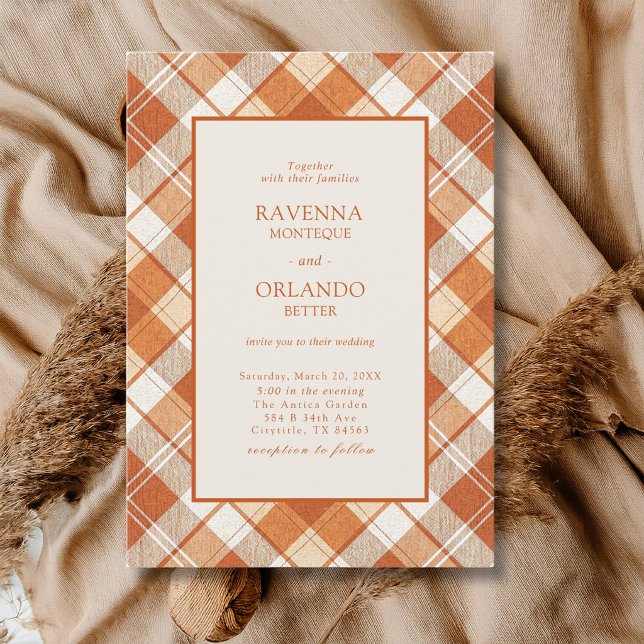 Vintage Dämpad Orange Rutig Gingham Bröllop Inbjudningar (Skapare uppladdad)