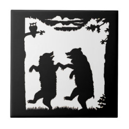 Vintage Dancing Bears Black Silhouette Träd Uggla Kakelplatta