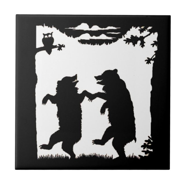 Vintage Dancing Bears Black Silhouette Träd Uggla Kakelplatta (Framsidan)