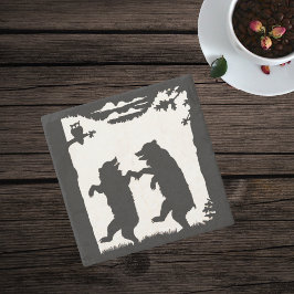 Vintage Dancing Bears Black Silhouette Träd Uggla Underlägg Sten