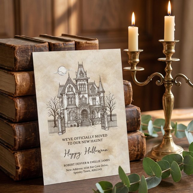 Vintage Dark Academia Ny Haunts Flyttmeddelande Meddelande (Elegant Spooky House New Address Moving Announcement by Darling & May)