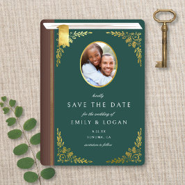 Vintage Dark Green Gold Book Photo Wedding Spara Datumet