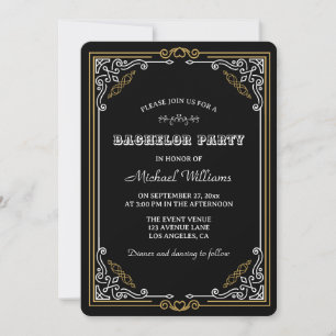 Vintage Deco Art Elegant Black Guld Bachelor Party Inbjudningar