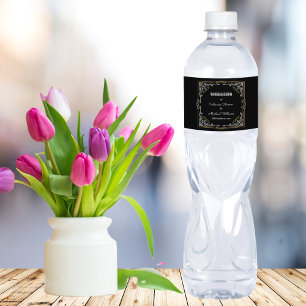 Vintage Deco Art Elegant Black White Guld Bröllop Vattenflaskor Etikett