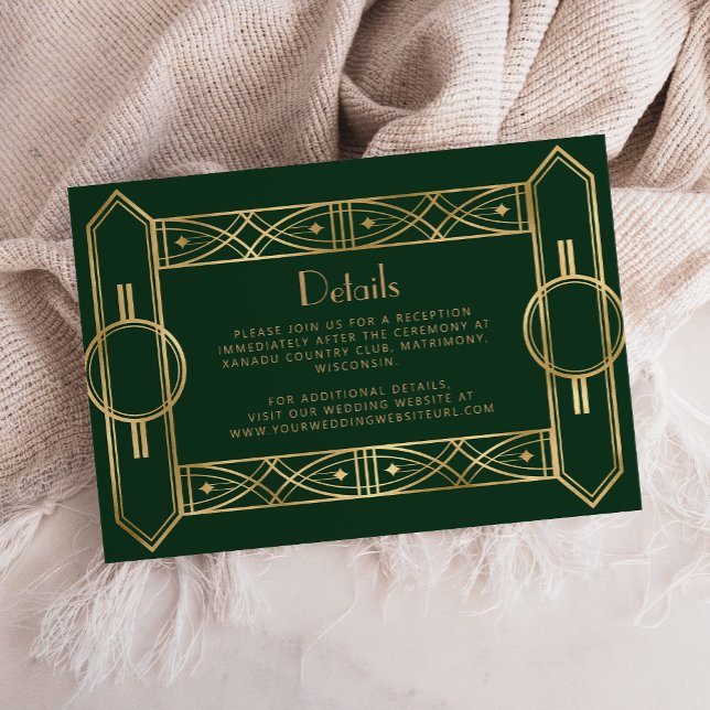 Vintage Deco Gröna Guld Bröllopsdetaljer Tilläggskort (Skapare uppladdad)
