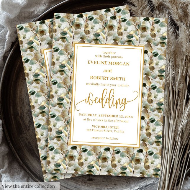 Vintage Deep Grönt Guld-inbjudan till bröllop Inbjudningar (Vintage Deep Green Gold Foliage Wedding Invitation)