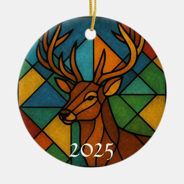 Vintage Deer Stained Glass Design Julgransprydnad Keramik (Framsidan)