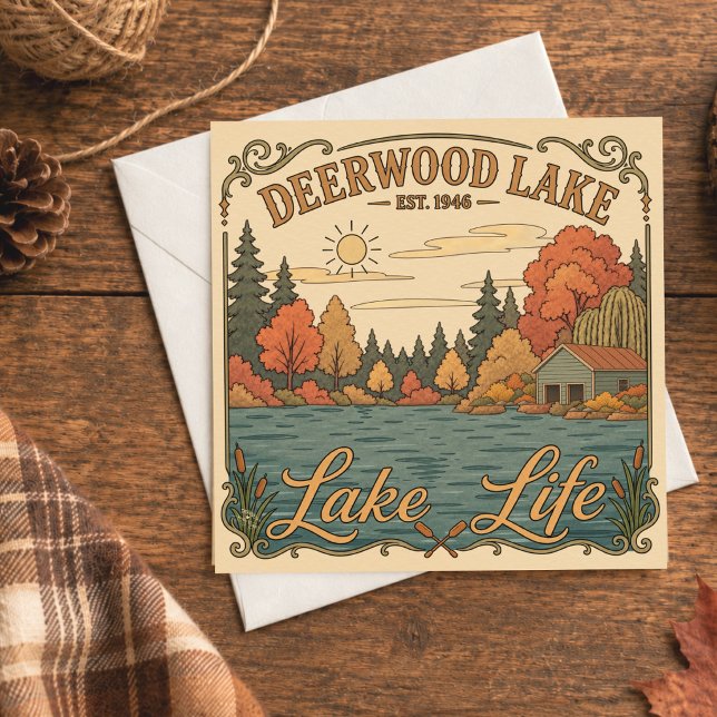 Vintage Deerwood Lake Life Rustik  (Rustic autumn artwork scene at Deerwood Lake with boat house by Inspirivity artist, Jennifer Wagner)