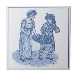 Vintage Delft Blue Art nouveau Barn med frukt Kakelplatta