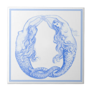 Vintage Delft Blue Art nouveau Nautical Sjöjungfru Kakelplatta