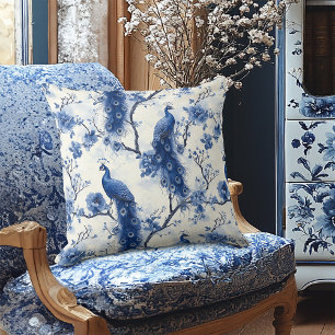 Vintage Delft Blue Blommigt Victorian Peacock Kudde