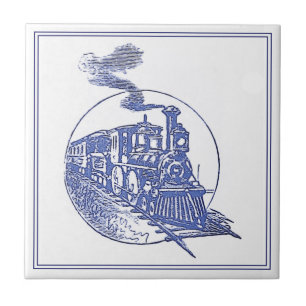 Vintage Delft Blue Steam Engine Locomotive Tåg Kakelplatta