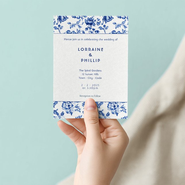 Vintage DelSoftware Blommigt bröllop Inbjudningar (Blue and white delftware wedding invitation)