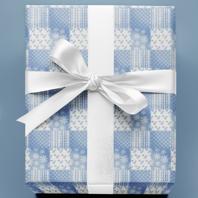 Vintage Denim Blå Krämvit Lappteknik  Presentpapper (Fun patchwork  all occasion gift wrap!)