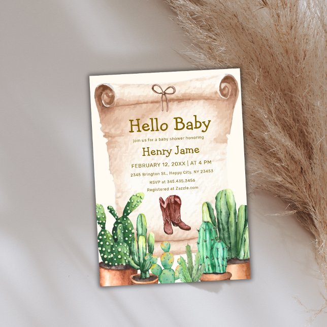 Vintage Desert Cactus CowboyBoots Baby Shower Inbjudningar (Vintage Desert Cactus Cowboy Boots Baby Shower Invitation)