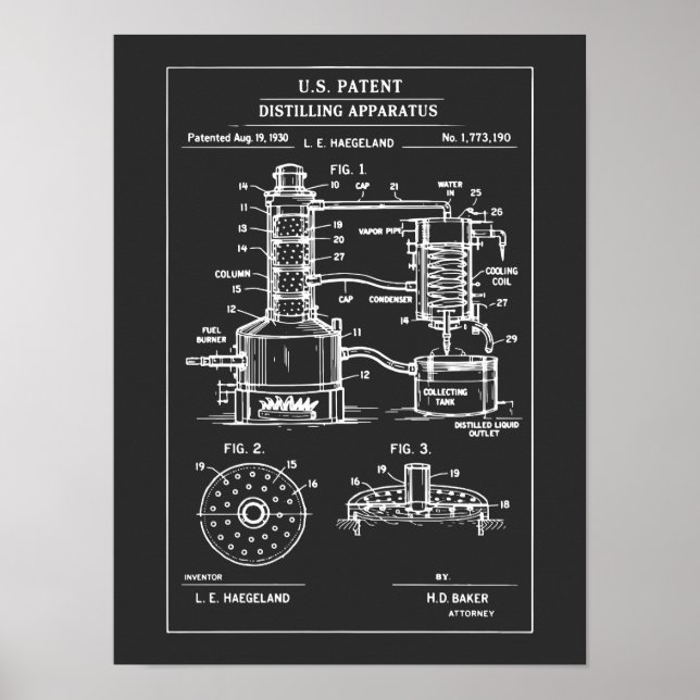 Vintage Destillations Patent Ritning Poster (Framsidan)