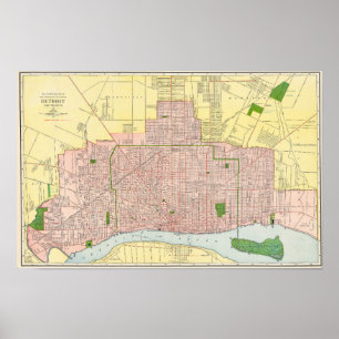 Vintage detaljerad Detroit stadsplan 1912 Poster