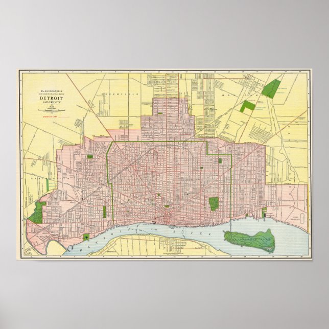 Vintage detaljerad Detroit stadsplan 1912 Poster (Framsidan)