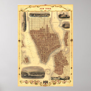 Vintage detaljerad New York kartaffisch 1851 Poster
