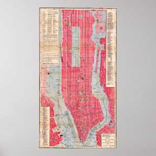 Vintage detaljerad New York-kartaffisch 1893 Poster