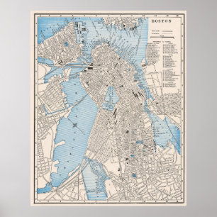 Vintage detaljerad stadsplan över Boston 1895 Poster