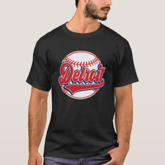 Vintage Detroit Cityscape Baseball Player och Fläk T Shirt
