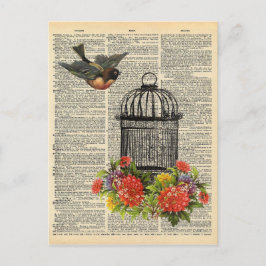 Vintage Dictionary Art Bird and Cage with Flowers Vykort