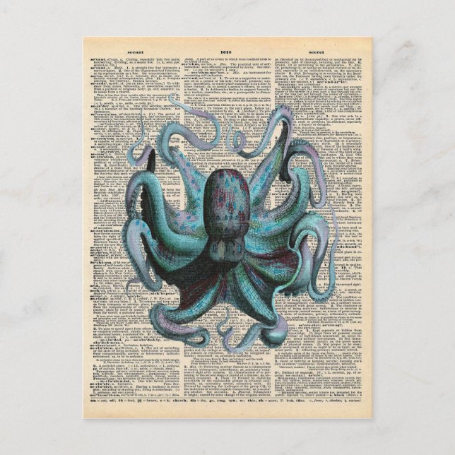 Vintage Dictionary Art Blue Ocean Octopus Vykort (Framsida)