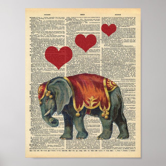 Vintage Dictionary Art Circus Elephant Kärlek Poster (Framsidan)