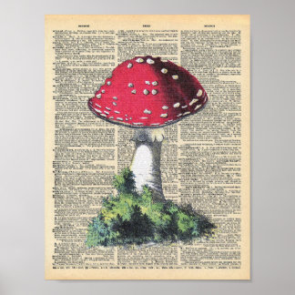 Vintage Dictionary Art Red Mushroom Fairy House Poster