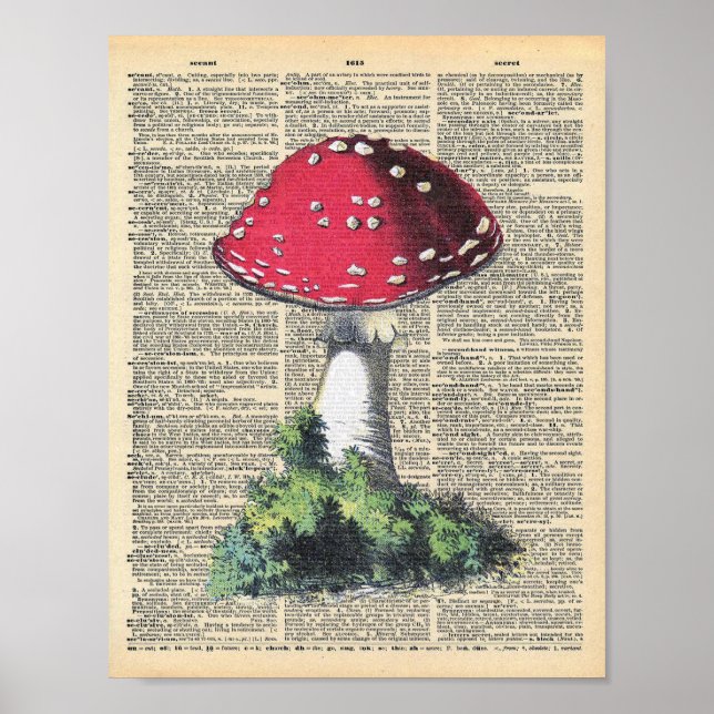 Vintage Dictionary Art Red Mushroom Fairy House Poster (Framsidan)