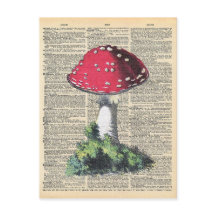 Vintage Dictionary Art Red Mushroom Fairy House