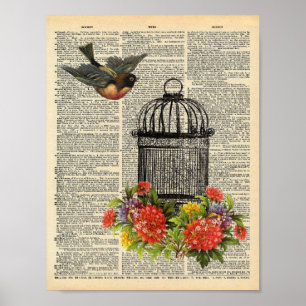 Vintage Dictionary Wall Art Bird and Cage Poster