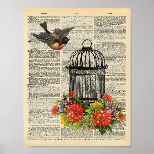 Vintage Dictionary Wall Art Bird and Cage Poster (Framsidan)