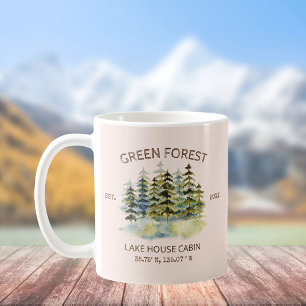 Vintage Dimmig Grön Skogsvattenfärg Stuga Lodge Kaffemugg