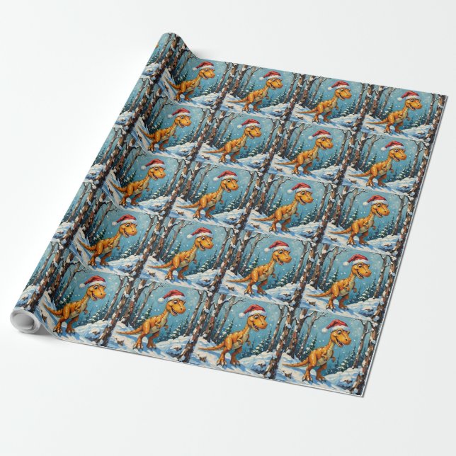 Vintage dinosaur med Santa hatt jul scen Presentpapper (Utrullad)