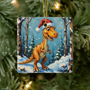 Vintage dinosaur med tomtehatt julscen julgransprydnad keramik