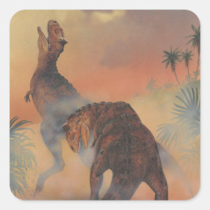 Vintage dinosaurier, Carnotaurus rytande i djungel Fyrkantigt Klistermärke