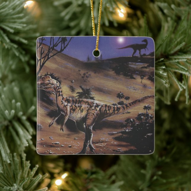 Vintage Dinosaurs, Dilofosaurus på en stjärnnatt Julgransprydnad Keramik (Träd)
