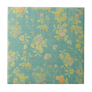 Vintage Distress Teal Vår Blommönster Kakelplatta